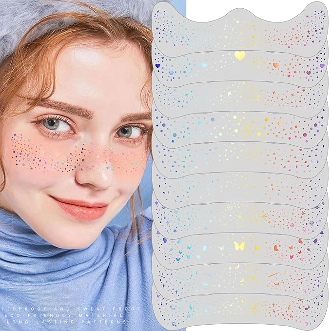 10Pcs Face Makeup Patches, Glitter Freckles Face Tattoo for Teenagers & Young Women, Sparkle Freckles Makeup Patches, Waterproof Face Glitter Freckles for Christmas (10PcsA Holographic Multicolor)