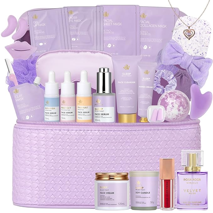 Lavender 33 Pcs Spa Bath & Body Gift Set, Face Sheet Mask Skin Care for Women, Hydrogel Mask, Lip Gloss, Cosmetic Bag, Face Serum, Necklace, Cleanser, Gua Sha, Christmas, Mother Day, Anniversary
