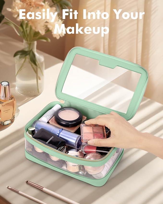 Travel Clear Makeup Bag with Makeup Brush Bag, Leather Makeup Case Toiletry Bag, Portable Cosmetic Bag Case, Transparent Waterproof Cosmetic Organizer Storage Bag for Women, Mint Green