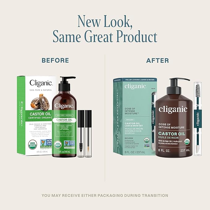 Cliganic Organic Castor Oil, 100% Pure - For Hair, Skin, Face, Eyelashes & Eyebrows | Natural Cold Pressed Unrefined Hexane-Free (8oz)