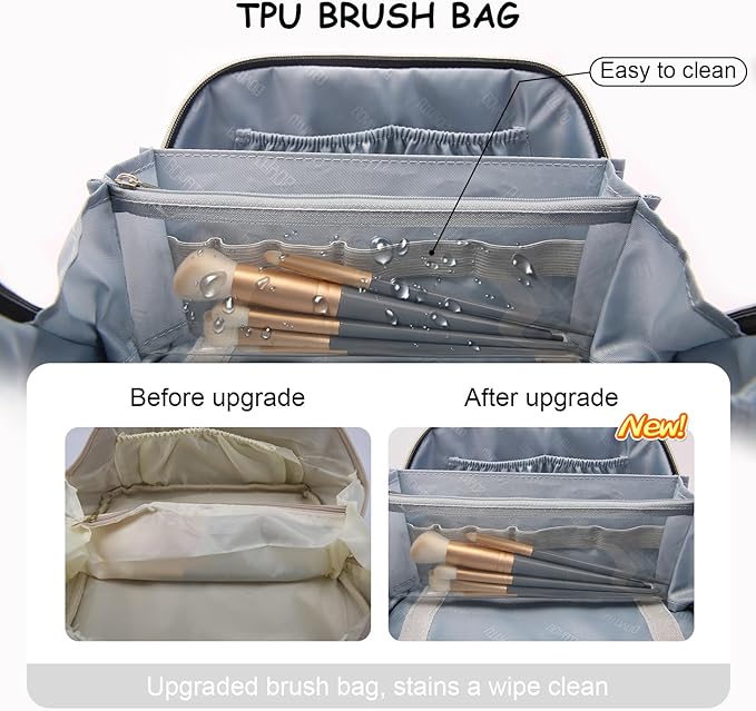 BOYATU Travel Makeup Bags for Women: Large Cosmetic Bag - Vegan Leather Make up Bags Set of 3 - Protable Toiletry Bag Compact Organizer with Compartments (L09 Beige)