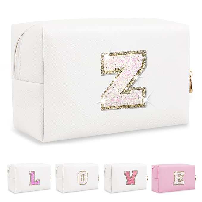 Small Initial Patch Makeup Bag Personalized Gifts Make Up Bag,White Cute PU Leather Glitter Letter Cosmetic Bag with Zipper,Trendy Portable Travel Toiletry Pouch,Preppy Stuff for Teen Girls Women Z