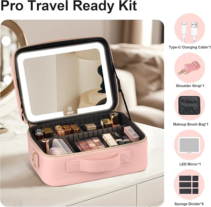 BEAUTY CASE Makeup Bag with Led Mirror, 12 Inch Portable Travel Cosmetic Organizer Case with Adjustable Dividers, USB Charging, Large Capacity, Ideal for Travel, Gift for Women Girls, Pink