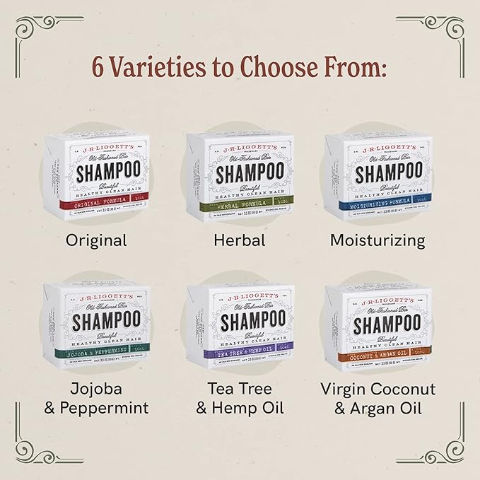 J.R.LIGGETT’S Original Formula, Moisturizing Formula and Coconut & Argan Oil Shampoo Bars - Plant-Based Nourishing Shampoo Bars for All Hair Types - Sulfate-Free for Healthy Hair - 3-Pack
