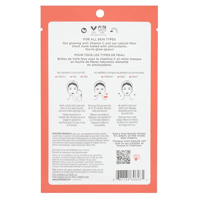 Pacifica Sheet Face Mask - 6 Pack - Glow Baby Brightening Facial Mask w/Vitamin C, Aloe & Kelp – Cooling Mask for Dark Spots & Fine Lines - Clean Beauty Vegan & Cruelty-Free Dermatologist Tested