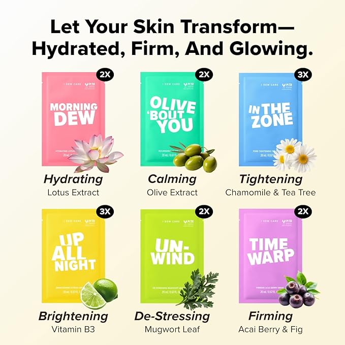 I DEW CARE Glass Skin Facial Sheet Mask Variety Pack - Let's Get Sheet Faced | 14 Days Facial Masks Set, Moisturizing Face Masks Skincare, Korean Face Mask, Hydrating Collagen Face Mask, 14 Count