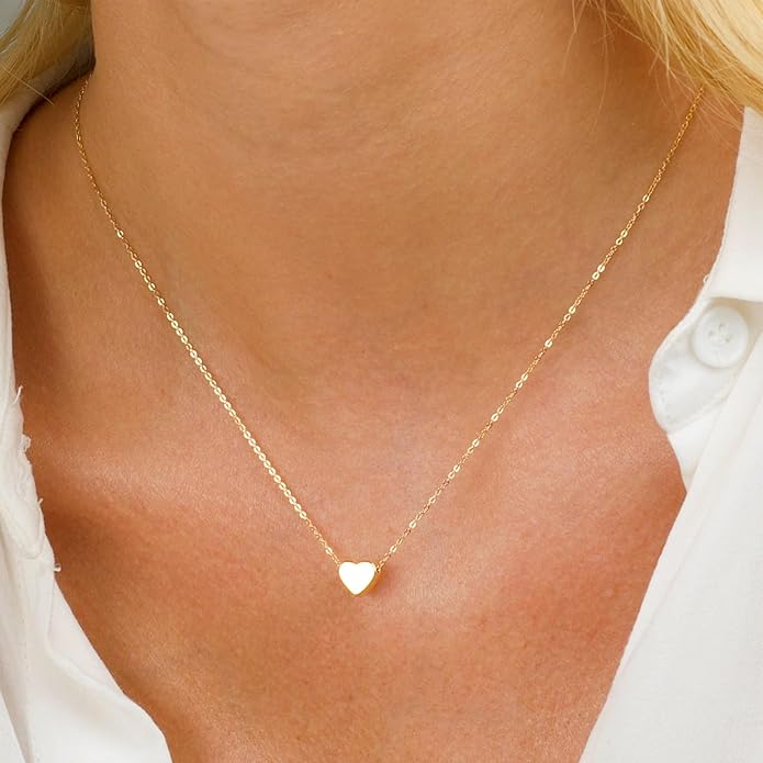 Dainty Gold Heart Necklace for Women - 14K Gold/Silver Plated Cute Heart Handmade Disc Circle Bee Choker Adjustable Necklace for Women Trendy Jewelry