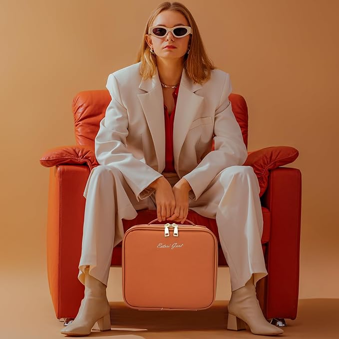 Makeup Travel Train Case with Mirror LED Light 3 Adjustable Brightness Large Cosmetic Bag Portable Storage Adjustable Partition Waterproof Makeup Brushes Make up Jewelry Gift for Women