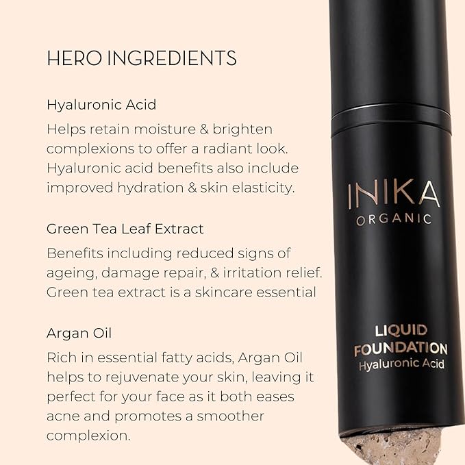 INIKA Organic Full Coverage Liquid Foundation Makeup with Hyaluronic Acid and Argan Oil, Vegan and Organic Foundation for Skin Elasticity and Plumpness, Natural Coverage, Tan, 30ml