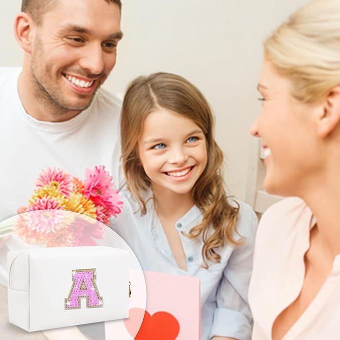 Small Initial Patch Makeup Bag Personalized Gifts Make Up Bag,White Cute PU Leather Glitter Letter Cosmetic Bag with Zipper,Trendy Portable Travel Toiletry Pouch,Preppy Stuff for Teen Girls Women A