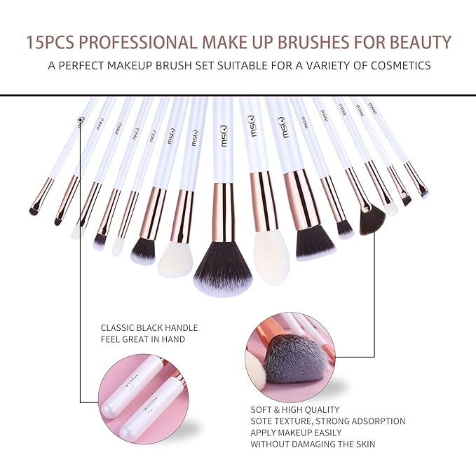 MSQ Makeup Brushes Premium Synthetic 15 Pcs Professtional Makeup Brush Set Foundation Powder Brush Eye Shadows Brushes Concealers Blending Brushes Set White