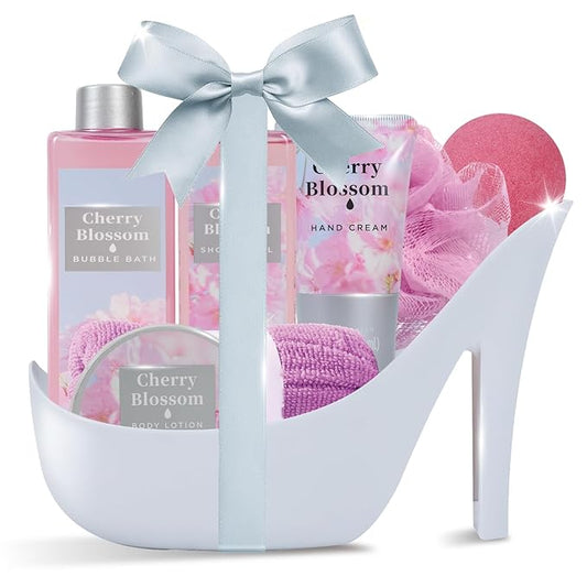 Cherry Blossom Gifts for Women Spa Basket, High Heel Bath Set with Shower Gel & Bath Bombs, Mother's Day Birthday, Anniversary Gifts for Mom, Sister, Bestie
