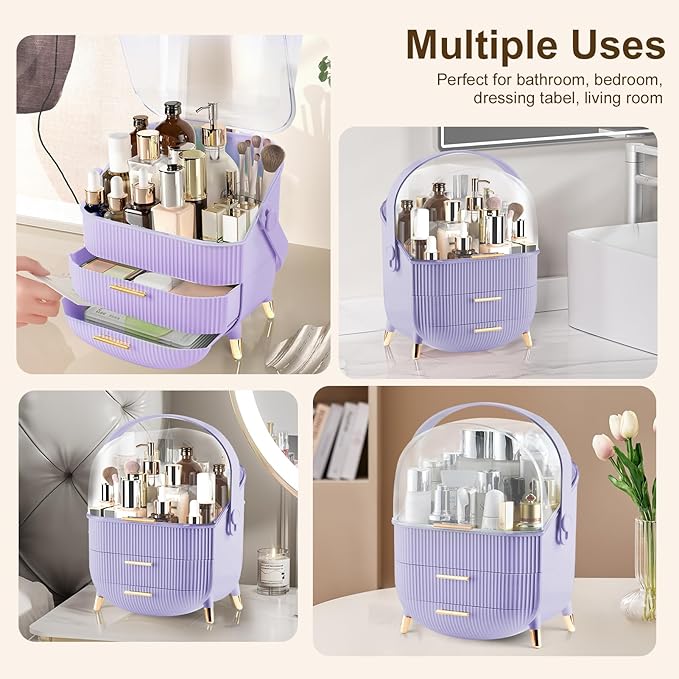Makeup Organizer for Vanity, Make up Organizers and Storage, Cosmetics Skincare Organizers with Lid and Drawers, Cosmetic Display Cases for Countertop, Bathroom, Dresser, Ideal Gifts for Women(Purple)
