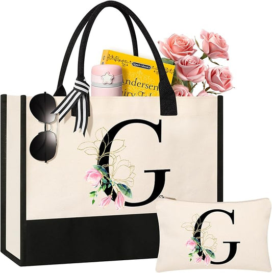 AYGE Personalized Initial Canvas Beach Tote, Monogrammed Gifts for Women, Makeup Bag, Birthday Gifts for Sister, Mom, Teacher, Bridesmaid