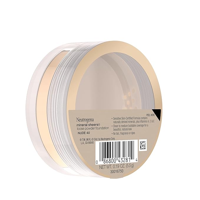 Neutrogena Mineral Sheers Lightweight Loose Powder Makeup Foundation with Vitamins A, C, & E, Sheer to Medium Buildable Coverage, Skin Tone Enhancer, Face Redness Reducer, Nude 40,.19 oz (Pack of 2)