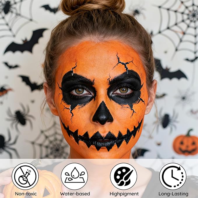 Halloween for Pumpkin Tiger Makeup Kit, Complete Halloween SFX Costume Makeup Set for Pumpkin &Tiger Cosplay ,Black White Orange Water-Based Face Paint Kit with Black Lip Gloss