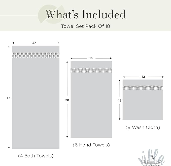 100% Cotton Bath Towel Set of 18-4 Bath Towels, 6 Hand Towels, 8 Wash Cloths, Sustainable, Soft, Highly Absorbent, Combed Cotton 18 Piece Set for Hotels, Spa, Bathroom, Dorm, Sage