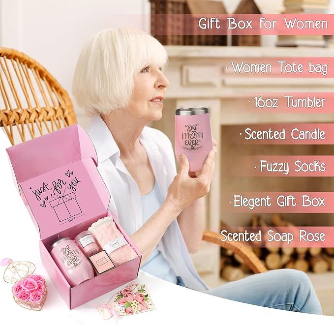 Gifts for Mom, Mother's Day Gift for Mom from Daughter Son, Birthday, Thanksgiving Day, Christmas Gifts for Mother, Care Package, Gift Basket with Canvas Tote Bag Sock Tumbler Soap Flower