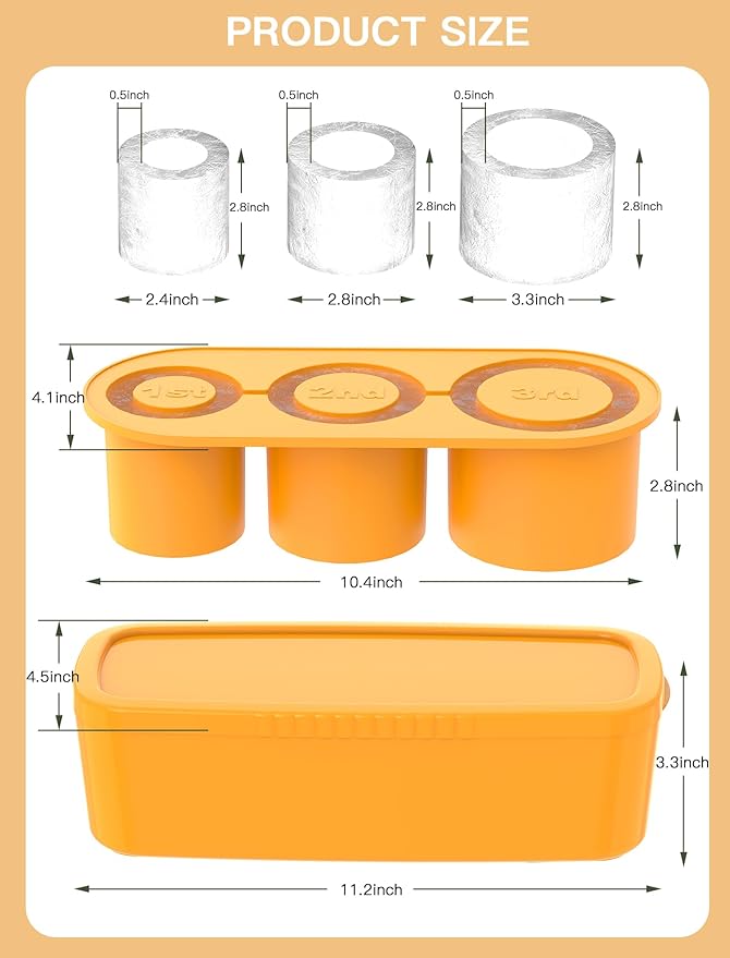 Ice Cube Tray for Tumbler Cup 30Oz-40Oz, 3 Pcs Silicone Cylinder Ice Mold with Lid and Bin for Freezer, Easy Fill and Release Ice Maker for Whiskey, Cocktail BPA-Free