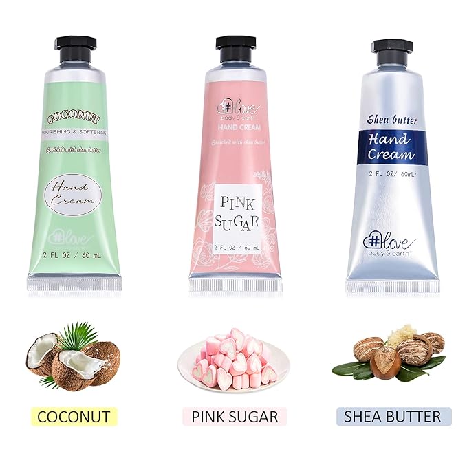 BODY & EARTH # LOVE Hand Cream Gift Set, Hand Lotion for Women, Mothers Day Gifts for Mom, Travel Size Hand Lotion Set 3x2.0 oz, Shea Butter Argan Oil Vitamin E Moisturizing Hand Cream for Dry Hands