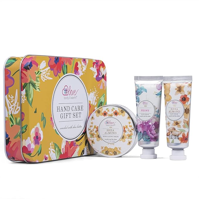 BODY & EARTH # LOVE Hand Cream Gift Set, Hand Lotion Sets for Mothers Day Gifts, Hand Care Set with Shea Butter, Travel Size Lotion Set for Women, 2 Hand Cream & Exfoliating Cream, Birthday Gifts Box