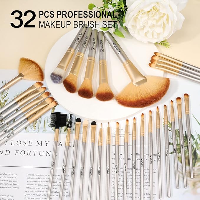 Make up Brushes, VANDER Professional 32pcs Makeup Brush Set, Makeup Brushes Set Foundation Blending Cosmetic Brush Set Kit,Champagne