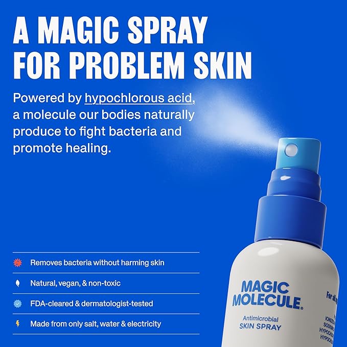 Magic Molecule Hypochlorous Acid Spray for Breakout-Prone Skin, Eczema & Itchy Rashes | Helps 50+ Dermal Issues | Safe for Multiple Daily Uses | For All Skin Types | 8 oz Spray