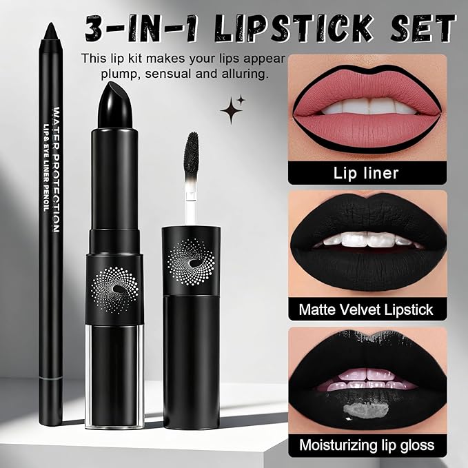 CAHIUYOA Black Matte Lipstick Lip Liner Set,Double Head Liquid Lipstick Lip Gloss Long Lasting Smudge Proof Black Lip Liner and Lipstick Set for Halloween Goth Cosplay Makeup