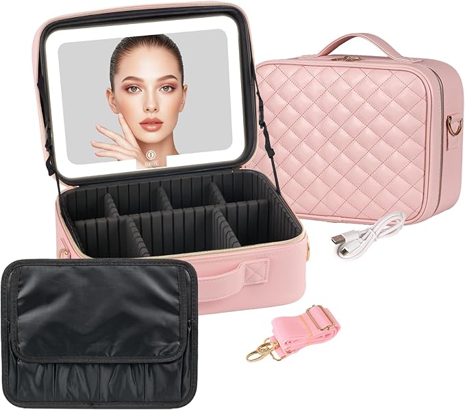 BEAUTY CASE Makeup Bag with Led Mirror, 12 Inch Portable Travel Cosmetic Organizer Case with Adjustable Dividers, USB Charging, Large Capacity, Ideal for Travel, Gift for Women Girls, Pink