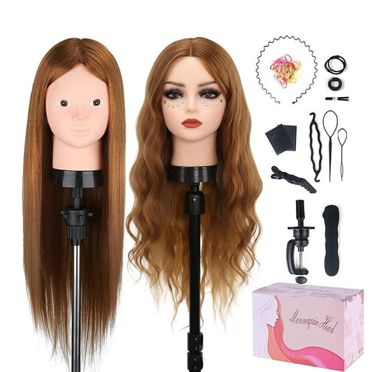 Beauty Star Mannequin Head with 80% Real Human Hair, Manikin Doll Head for Hair Styling, Cosmetology Makeup Hairdressing Training Practice Head with Clamp Stand and DIY Hair Styling Braiding Set