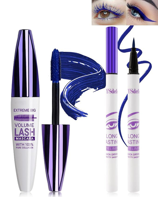 Blue Mascara Liquid Eyeliner Set,5D Waterproof Silk Fiber Colored Mascara Volume and Length,Longlasting Smudgeproof Color Eye Liner Pen,Mother's Day Colorful Eye Makeup Gift Kit for Women Girl-04