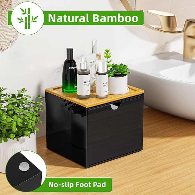 VITVITI Drawer Disposable Face Towel Holder Box, Acrylic Facial Towel Container for XL Clean Skin Club, Large Disposable Face Towels Storage with Bamboo Lid, for Bathroom, Vanity Makeup, Black