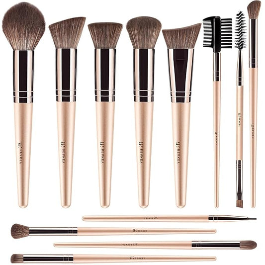BEAKEY 12pcs Vegan Makeup Brush Set Soft high-density Taklon fibers,durable birch handles,zero shedding,easy to clean,perfect for creating any look