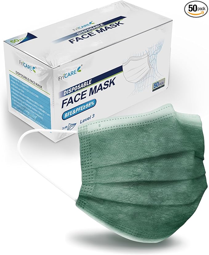 FriCARE Disposable Face Masks, 3-Ply ASTM Level 3 Medical Grade, FSA/HSA Eligible, Breathable & Comfortable for Allergy/Sun Protection, 50 Pack Hunter Green