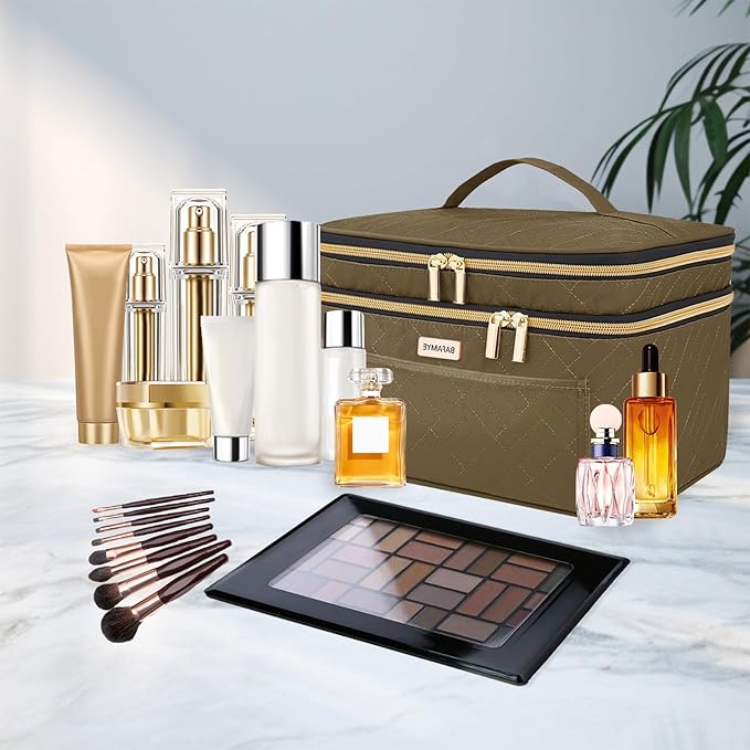 Makeup Bag Women, 8.8L Large Cosmetic Train Case, Make up Bags Organizer Box Travel-Size Accessories Bottles, Brushes, and Skin Care Products, Toiletry Bag for Women Pink 2.33 GAL