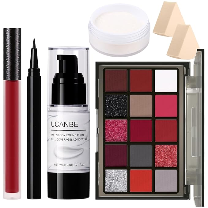 UCANBE Red Halloween Makeup Kit – Clown Vampire Joker Demon Makeup Set for SFX Costume Cosplay with Eyeshadow Palette, White Foundation, Red Liquid, Black Eyeliner, Setting Powder & Sponges