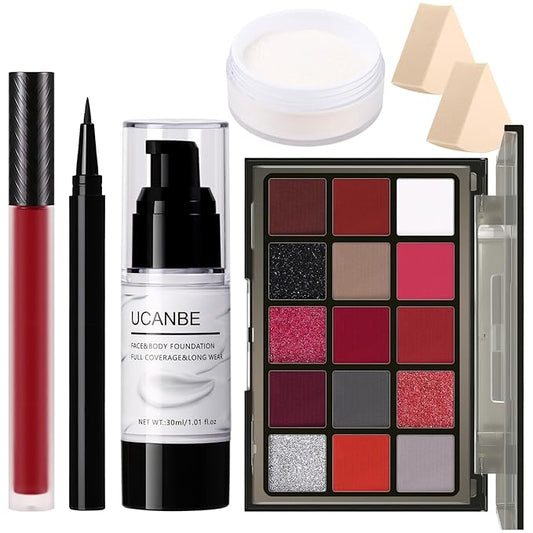 UCANBE Red Halloween Makeup Kit – Clown Vampire Joker Demon Makeup Set for SFX Costume Cosplay with Eyeshadow Palette, White Foundation, Red Liquid, Black Eyeliner, Setting Powder & Sponges