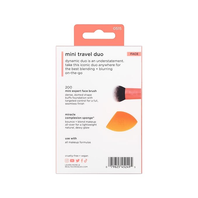 Real Techniques Mini Travel Duo, Makeup Brush Set For Traveling, Mini Foundation Brush & Makeup Blender Sponge For Blending On-The-Go, Achieve A Complete Base, Latex & Cruelty-Free, 2 Piece Set