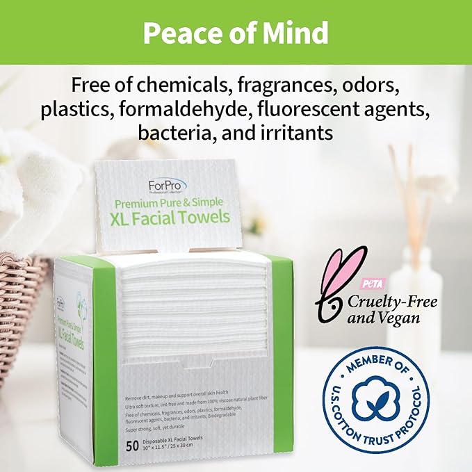 ForPro Premium Pure & Simple XL Facial Towels, Disposable Makeup Remover Dry Wipes, Ultra Soft Lint-Free Biodegradable Face Towels, 100% Vegan & Cruelty-Free, 50-Count