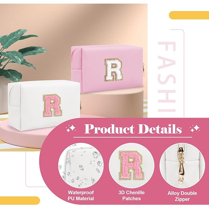 Personalized Makeup Bag Initial A-Z Preppy Patch Bag,Small PU Leather Travel Cosmetic Bag Pouch with Zipper,White Cute Toiletry Bag,Gift Ideal for Teen Girls Women Birthday Friend Mom,Letter R
