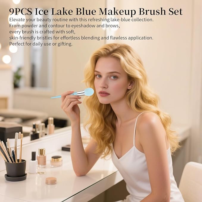 DUcare Makeup Brushes with Holder - 10Pcs Professional Synthetic Make Up Brushes Set for Blush Concealer Foundation Bronzer Powder Eyebrow Contour Eyeshadow Blending Makeup Brush Set, Ice Lake Blue