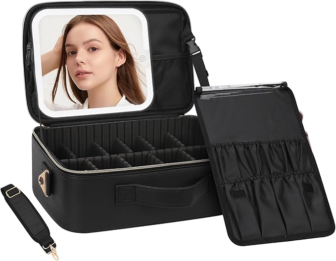 Chomeiu Makeup Bag with LED Mirror, Large Travel Cosmetic Train Case for Women, Makeup Artists Large Organizer Box with Vanity Light Up Mirror, 3 Color Lights, Adjustable Dividers (Black)