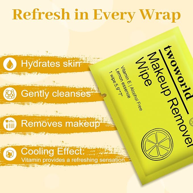 Makeup Remover Wipes Bulk Individually Wrapped,Travel Makeup Wipes Gentle for Face Cleansing Mascara Lipstick Travel Hotel（lemon,pack of 40)