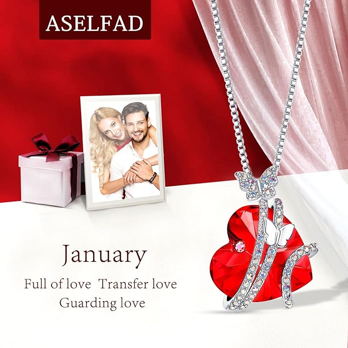 ASELFAD Butterfly Love Heart Pendant Necklace with Crystals, Anniversary Birthday Jewelry for Women Mom Grandma Wife Girlfriend