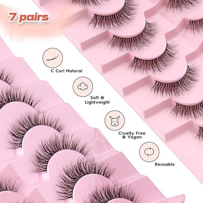 Natural Lashes Eyelashes Wispy 12mm False Lashes 3D Volume Lash Strips False Eyelashes with 0.1MM Thin Cotton Band C Curl Eyelash Pack Siligli 7 Pair