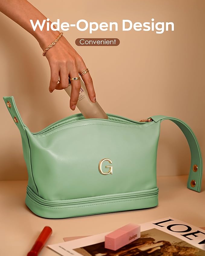 Gifts With Initials for Women, Personalized Makeup Bag with Handle, Initial Double Layer Cosmetic Bag with Makeup Brush Organizer, Cute Cosmetic Pouch for Women, Gifts for Friends Female