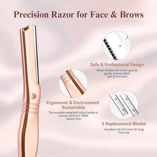 Eyebrow Razor for Women and Men, Face Razors for Women, Dermaplane Razor with Protective Silicone Cover, Reusable Metal Handle with 6 Refill Blades, Skin Care Tool - Rose Gold