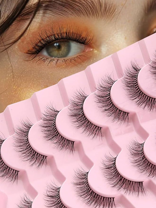 Natural Lashes Eyelashes Wispy 12mm False Lashes 3D Volume Lash Strips False Eyelashes with 0.1MM Thin Cotton Band C Curl Eyelash Pack Siligli 7 Pair