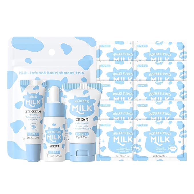 Skin Care Set, Moisturizer Face Cream, Travel Size Toiletries with Milk Eye Mask, Lip Mask, Eye Cream, Serum, Face Cream Mother's Day Christmas Birthday Daughter Wife