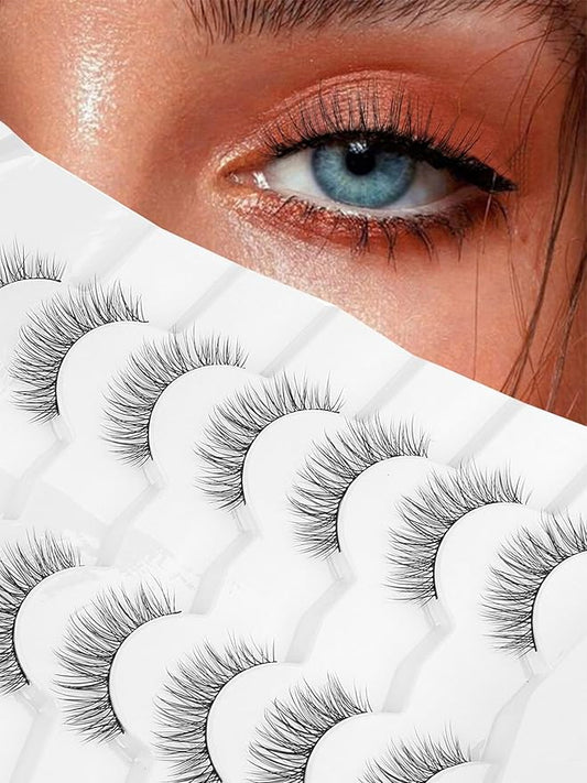Eyelashes Short Natural Lashes Wispy Eyeashes Natural Look 10mm Strip Lashes False Eyelashes C Curl Eye Lashes Pack 0.1MM Thin Band 3D Volume Soft Eyelash Siligli Lash 7 Pair